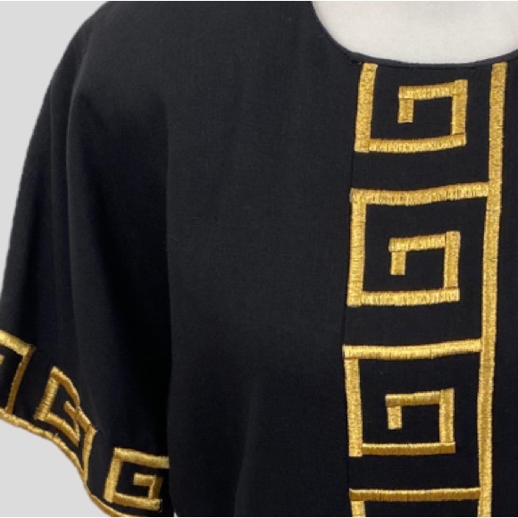 Vintage 80s 90s Chetta B Black Linen Blend Gold Embroidered Greek Key Dress - Picture 2 of 7